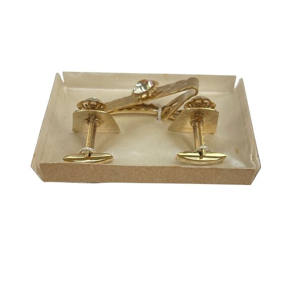 Vintage 1950s Gold-Tone Hammered Cufflinks & Tie Clip Set Sparkling Rhinestones - Picture 2 of 7